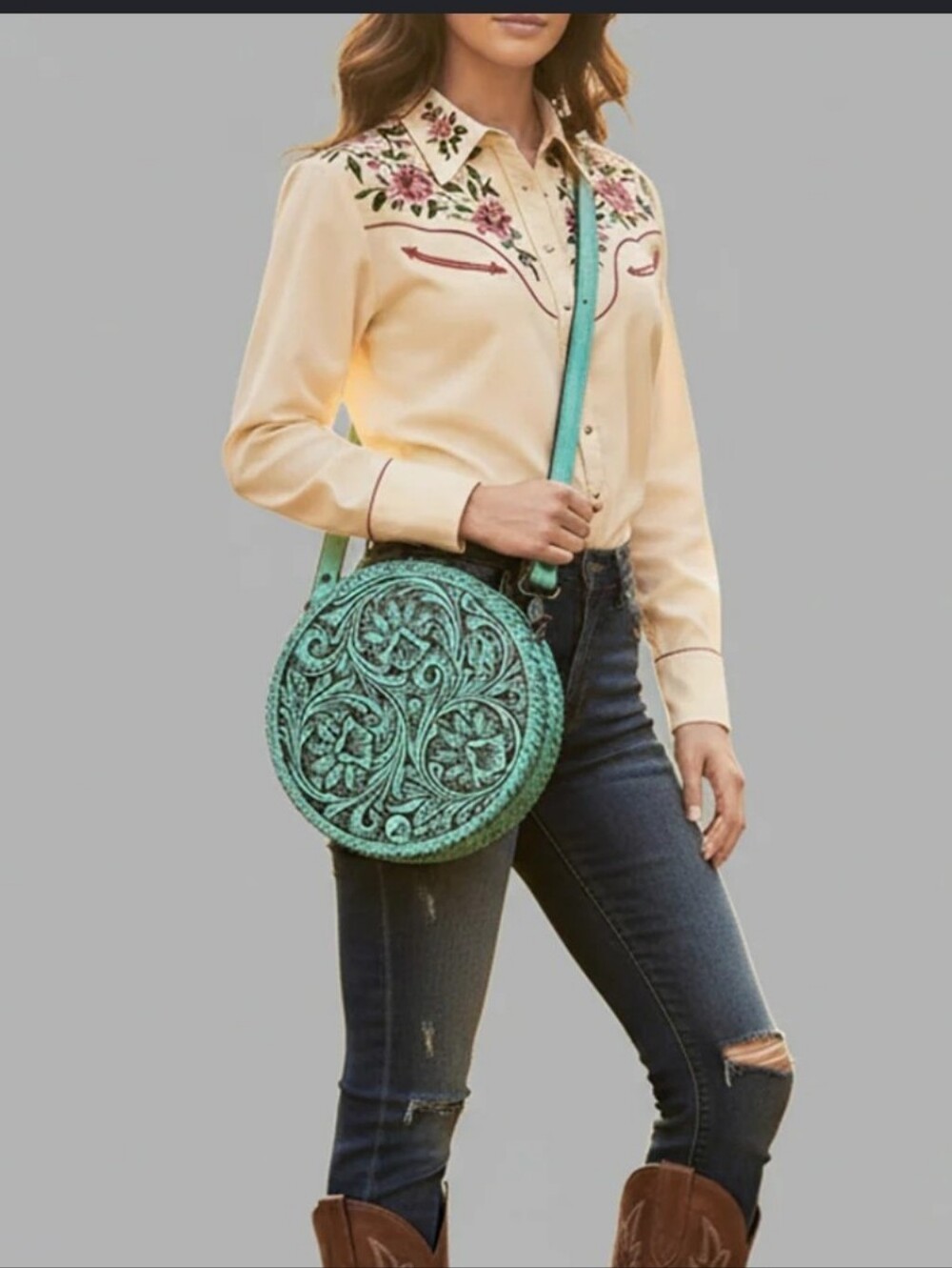 American Darling Turquoise Tooled Leather Canteen Crossbody Purse New With Tags